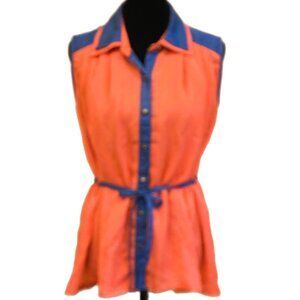 GoGirl Belted Sleeveless Blouse  Size Small Soft Flowy Boho Bow Buttons Two Tone